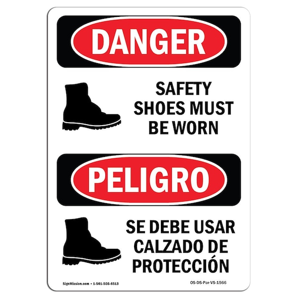 OSHA, Safety Shoes Must Be Used Symbol Bilingual, 5in X 3.5in Decal, 10PK, OS-DS-D-35-VS-1566-10PK